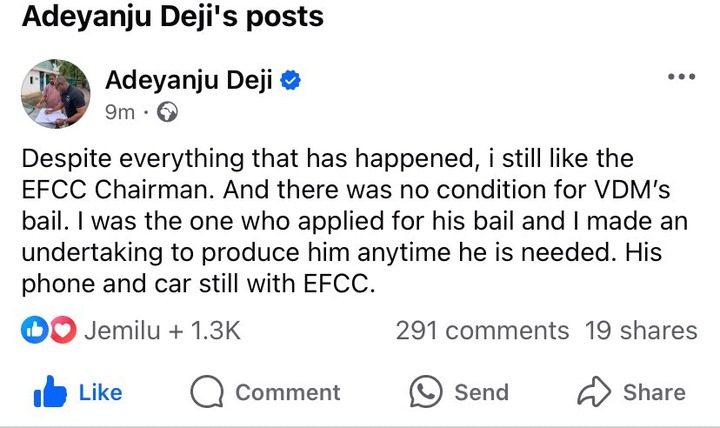 Despite Everything, I Still Like the EFCC Chairman; VDM's Phone and Car Remain with The EFCC–Lawyer Revealed