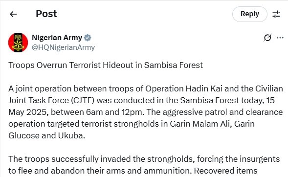 Soldiers launch six-hour attacks in Sambisa Forest, recover equipment used to make bombs, others Soldiers launch six-hour attacks in Sambisa Forest, recover equipment used to make bombs, others