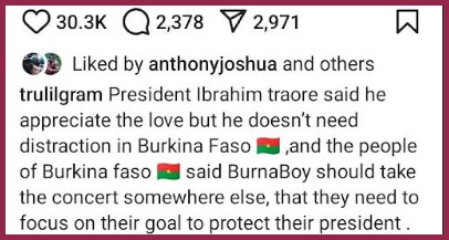 President Traore Reportedly Rejects Singer Burna Boy's Offer Of Free Concert - READ WHY!!