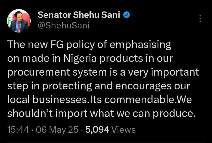 Shehu Sani Reacts As President Tinubu Bans Importation of Foreign Goods to Boost Local Production Shehu Sani Reacts As President Tinubu Bans Importation of Foreign Goods to Boost Local Production