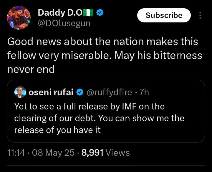 Tinubu Aide Reacts After Rufai Said he is yet to see a full release by IMF Concerning Debt Clearance Tinubu Aide Reacts After Rufai Said he is yet to see a full release by IMF Concerning Debt Clearance