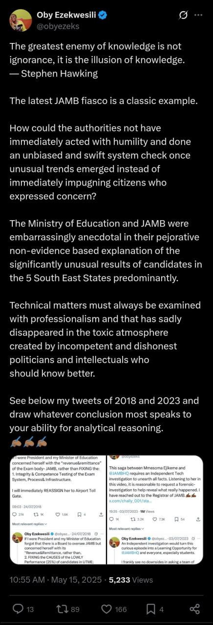 Oby Ezekwesili Reacts After JAMB Boss Weeps and Apologizes as Error Forces Lagos, South East Resits Oby Ezekwesili Reacts After JAMB Boss Weeps and Apologizes as Error Forces Lagos, South East Resits