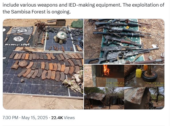 Soldiers launch six-hour attacks in Sambisa Forest, recover equipment used to make bombs, others Soldiers launch six-hour attacks in Sambisa Forest, recover equipment used to make bombs, others