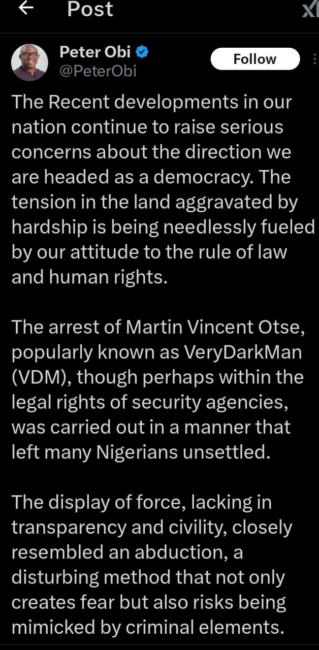 You Can’t Even Walk Into GTBank Without Fear Anymore, Look at What Happened to VDM – Peter Obi Reactions to VDM Arrest