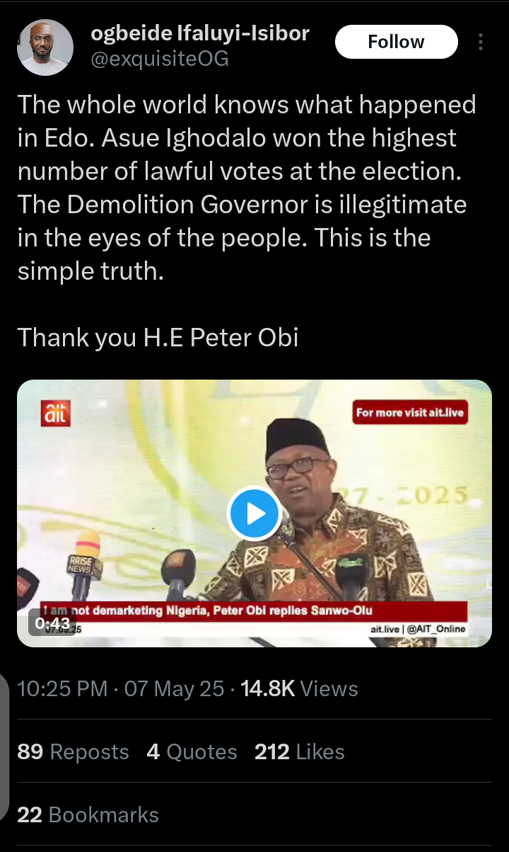 Obaseki's Aide Reacts After Peter Obi Said Edo Election Was Rigged And That Everyone Knows Who Won Obaseki's Aide Reacts After Peter Obi Said Edo Election Was Rigged And That Everyone Knows Who Won